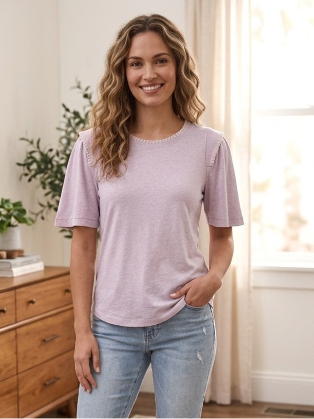 Democracy Lavender Heather Whipstitch Detail Flutter Sleeve Tee S Soft Girl Boho